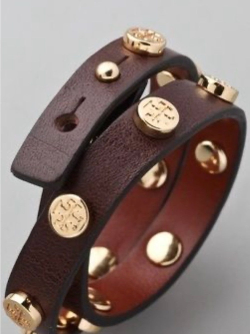 Tory Burch Brown Leather Double Wrap Bracelet with Gold Studs
